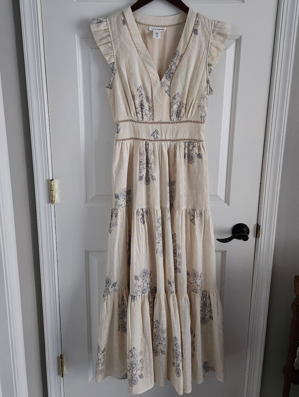 Lucky Brand Tiered Ivory And Blue  Floral Tiered Maxi Dress Women's 100% Cotton